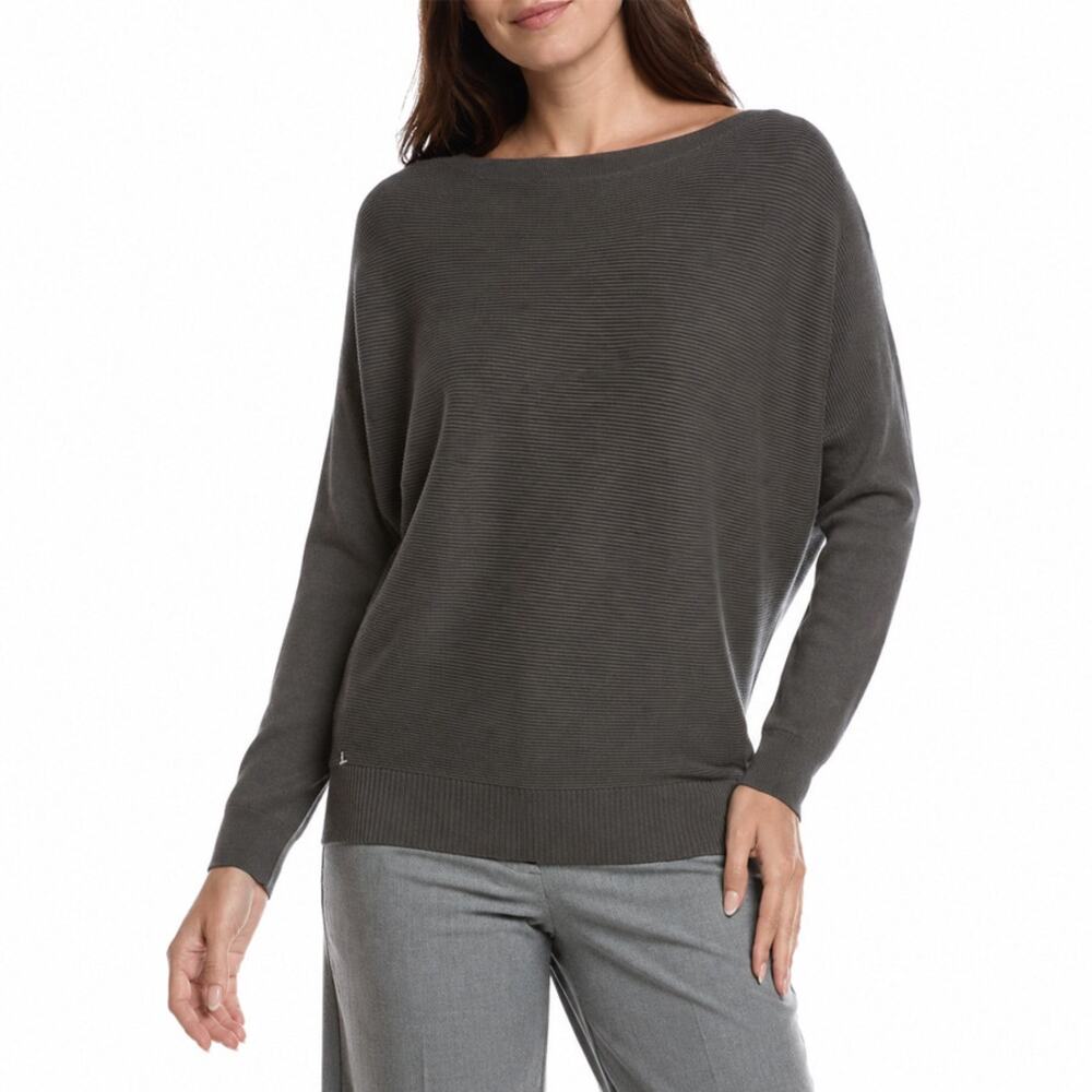 Lafayette 148 Khaki Gray Ribbed Bateau Neck Sweater Top Size L